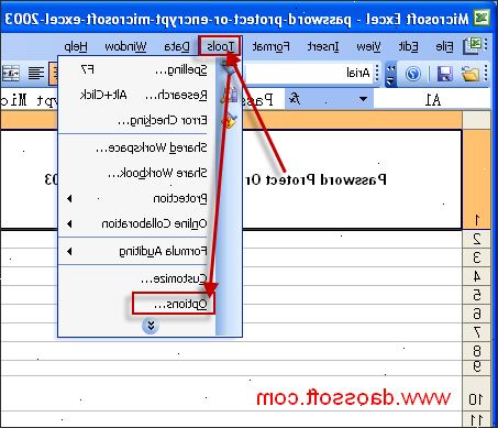 Hur lösenordsskydda ett Microsoft Excel 2003-dokument. På menyn Verktyg, klicka på alternativen.