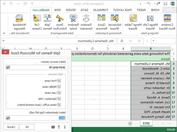 Hur att skilja förnamn och efternamn i separata fält i en Microsoft Excel-lista. Du har ditt kalkylblad, med både för-och efternamn i kombination som i denna illustration.